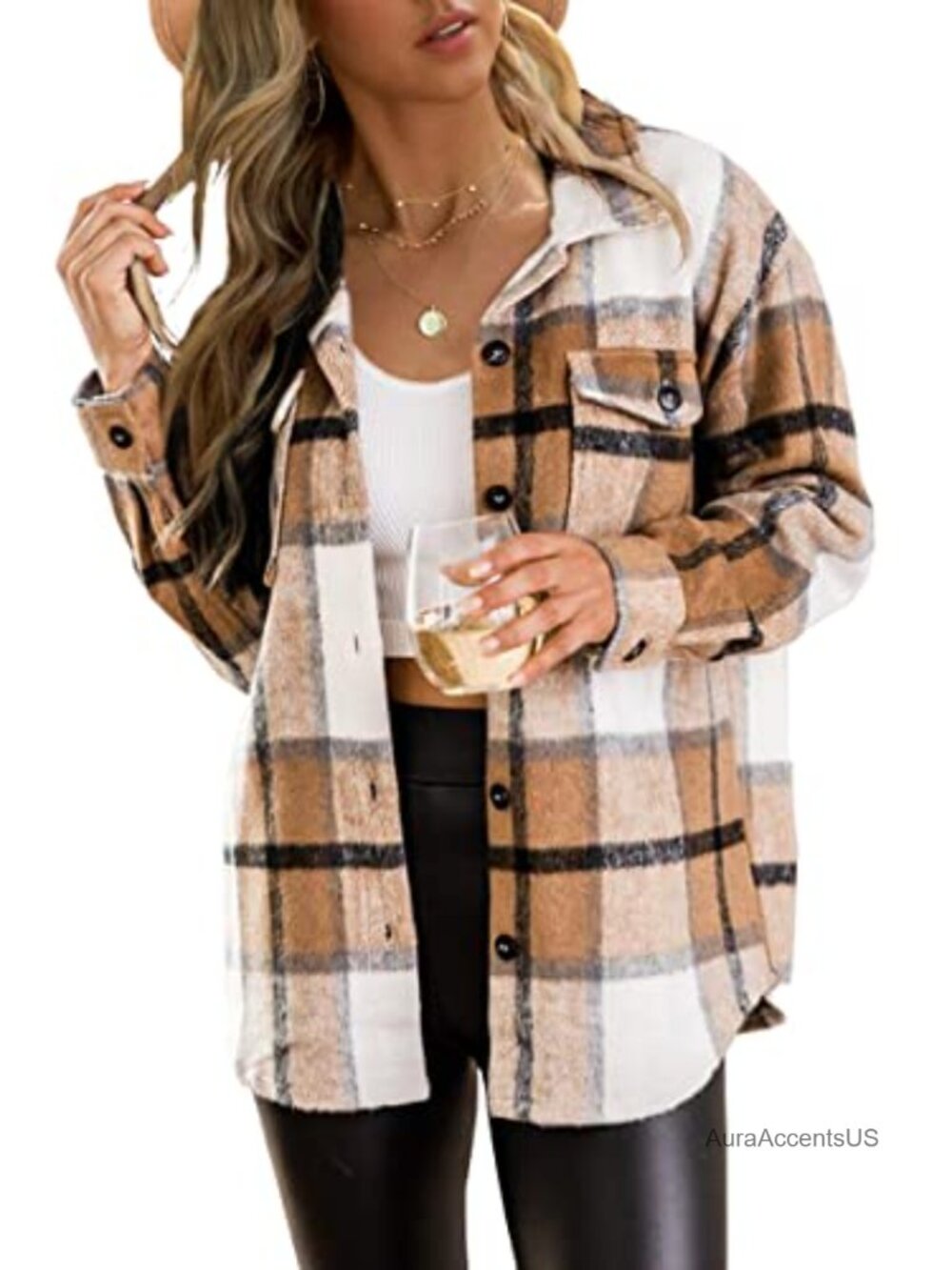 Women's Plaid Flannel Button Front Shacket with Pockets